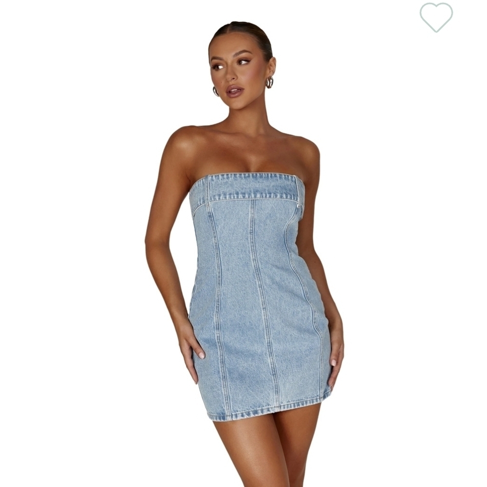 MESHKI Teddi Denim Strapless Mini Bodycon Dress Size LG